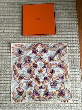 Hermes Multicolor Silk Scarf with Purple, Pink and Orange Motifs